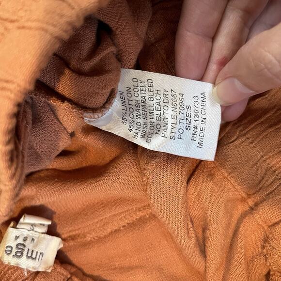 Umgee Small Orange Wide Leg Linen Blend Elastic Waist Freyed Hem Pants Pockets - Picture 8 of 9